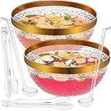 NiHome Gold Trim Clear Plastic Punch Bowl with Ladle and Tong for Parties, Weddings, BBQs, 1.4 Gallon Beverage Serving Bowl Complete Set for Cocktails, Salads, Snacks, Easy to Clean (Set of 2)