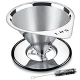 LHS Pour Over Coffee Dripper Stainless Steel Coffee Filter Metal Cone Filter Paperless Reusable Coffee Filter Single Cup Coffee Maker 1-2 Cup With Non-slip Cup Stand and Cleaning Brush