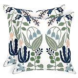 Alysheer Summer Floral Embroidered Decorative Throw Pillow Covers 18"x 18" Set of 2, Farmhouse Navy Blue Flowers Green Leaves Tufted Patterned Cotton Cushion Cases for Couch Bed Living Room Decor