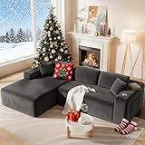 CAMMOO 108” Cloud Sectional Couch in One Box, Compressed Modular Sectional Sofa with Deep Seat, Corduroy Boneless Couches, L-Shaped Sofa for Living Room, 4 Storage Pockets(Left Facing Chaise, Grey)