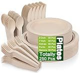 Unves 250 Pcs Compostable Paper Plates Set with Extra Long Utensils, Brown