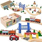 Wooden Train Set Deluxe 52 Pcs with Storage Gift Box Tunnel 9 Layouts Magnetic Trains STEM Montessori Toys Playset for Grandkids Toddler Boys Girls Kids 3+ compatible with Thomas Brio Melissa and Doug
