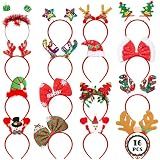 HOVACY 16 PCS Christmas Headbands, 16 Styles Red Xmas Headpieces, Cute Holiday Bow Tie Hair Bands, Felt Elf Hat Santa Hat Headwear for Christmas Party Supplies Accessories