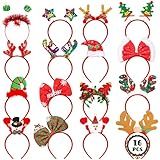 HOVACY 16 PCS Christmas Headbands, 16 Styles Red Xmas Headpieces, Cute Holiday Bow Tie Hair Bands, Felt Elf Hat Santa Hat Headwear for Christmas Party Supplies Accessories