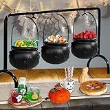 Zddaoole Halloween Cauldrons Serving Bowl Decor,Set of 3 Hanging Black Plastic Cauldron Bowls on Rack,Candy Punch Bowl Halloween Witches Cauldron for Home Kitchen Hocus Pocus Party Decorations Indoor
