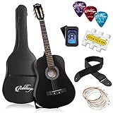 Ashthorpe 38-inch Beginner Acoustic Guitar (Black), Starter Kit with Gig Bag, Extra Strings, Strap, Picks, and Lessons