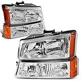 DNA MOTORING Pair Headlight Assembly Compatible with 2003-2006 Chevy Silverado 1500 2500 3500 1500 HD 2500 HD Avalanche 1500 2500, w/o Factory Cladding, Chrome/Amber, HL-OH-CS03-4P-CH-AM