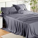 Bedsure Queen Sheet Set, Cooling Sheets for Queen Size Bed Set, Rayon Derived from Bamboo, Breathable & Soft Deep Pocket Up to 16 Inches, Hotel Luxury Silky Bedding, Bedsheet & Pillowcases, Dark Grey