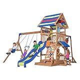 Backyard Discovery Beach Front Cedar Wood Swing Set with Wave Slide, Play Deck, Monkey Bars, Rock Wall Ladder, Shaded Picnic Area, Snack Bar, Belt Swings, Trapeze, Sandbox Area, Outdoor Playset