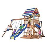 Backyard Discovery Beach Front Cedar Wood Swing Set with Wave Slide, Play Deck, Monkey Bars, Rock Wall Ladder, Shaded Picnic Area, Snack Bar, Belt Swings, Trapeze, Sandbox Area, Outdoor Playset
