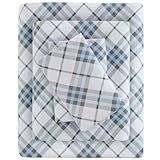 True North by Sleep Philosophy Cozy Flannel Warm 100% Cotton Sheet - Novelty Print Animals Stars Cute Ultra Soft Cold Weather Bedding Set, Queen, Blue Plaid 4 Piece