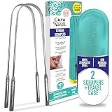 GuruNanda Tongue Scraper for Adults (2 Pack) with Travel Case, 420 Medical-grade 100% Stainless Steel Tongue Cleaner, Aids in Fresh Breath & Oral Care