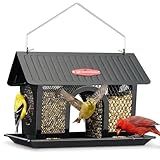 Kingsyard Bird Feeder for Outdoors Hanging, Dual-Use Metal Mesh Wild Bird Feeders with Seed Tray & Weatherproof Roof, 3 lbs Large Capacity, Black