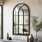 Dewfig Arched Window Wall Mirror, 42"x24" Windowpane Mirror, Black