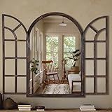 Arched Wall Mirror with Window Design, 36"x24" Rustic Farmhouse Wood Mirror for Wall Decor, Decorative Vintage Arch Mirror for Living Room, Bedroom, Entryway