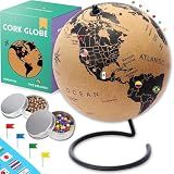 Medium Cork Globe with 300 Push Pins 9.4" Tall | World Travel Map with Metallic, Colored & National Flags Push Pins | 3D World Map Pin Board for Home or Office | Gift for Travelers, Couples & Families | Aesthetic Decor