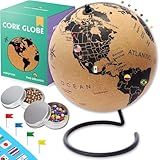 Medium Cork Globe 9.4" Tall | Perfect Holiday Gift for Travelers | World Travel Map with Metallic, Colored & National Flags Pins | 3D World Map Pin Board for Home or Office | Push Pin Map