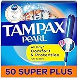 Tampax Pearl Tampons for Women, with LeakGuard Braid, Super Plus Absorbency, Unscented, 50 Count