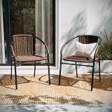 EMMA + OLIVER Set of 2 Modern Rattan Indoor/Outdoor Stack Chairs, Stacking Rattan Patio Chairs with Curved Back and Cross Bracing, Brown