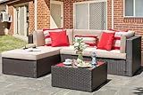 Vongrasig 5 Piece Patio Furniture Sets, Outdoor Patio Set Sectional Sofa, All-Weather PE Rattan Outdoor Couch with Ottoman, Glass Table for Garden, Backyard, Porch, Beige