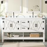 AMERLIFE 60" White Farmhouse Double Sink Bathroom Vanity, Solid White Top