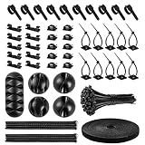CHZHLI Cable Management Organizer Kit 2 Cable Sleeve Split with 41Self Adhesive Cable Clips Holder, 10pcs and 2 Roll Self Adhesive tie and 100 Fastening Cable Ties for TV Office Home Electronics etc