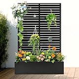 FENCY Metal Raised Garden Bed with Trellis, Metal Planter Box with Trellis, Garden Box for Climbing Plants Vegetable, 47" Lx16 Wx71 H Garden Bed with Drainage Holes(Black-Louvered)
