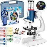 58-Piece Kids Microscope Kit - 100X-1200X Magnification, Metal Body, LED Light, Carrying Box - Science Experiment Toy for Kids Ages 5-12