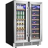 EUHOMY Wine and Beverage Refrigerator, 24 Inch Dual Zone Wine Cooler with Glass Door Hold 21 Bottles and 88 Cans, Built in or Under Counter Wine Fridge with Blue LED Light