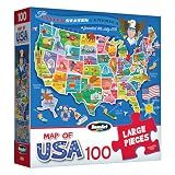RoseArt Map of USA Puzzle for Kids – 100 Large Pieces, 24" x 18" – Educational United States Puzzle with Fun State Illustrations – Made in USA – Learning Toy for Ages 6+