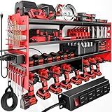 POKIPO Large Power Tool Organizer Wall Mount with Charging Station,4 Layer Heavy Duty Metal Tool Storage Shelf Loads 600lbs,Battery Utility Rack With 4 Outlet Power Strip with 8 Cordless Drill Holder