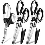 OMDAR Food Grade Kitchen Scissors All Purpose 3 Pack - Heavy Duty Stainless Steel Cooking Shears for Cutting Meat, Food, Fish, Poultry Sharp Sissors for Dishwasher Safe - with Protective Sheath