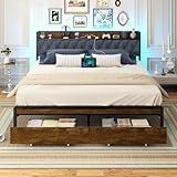 Sismplly King Size Metal Platform Bed Frame with 2 Storage Drawers & LED Light, Upholstered Headboard with Charging Station, No Box Spring Needed, Brown Wood Panel