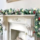 BlessedSeason 9FT Christmas Garland with Lights, Timer Artificial Lighted Garland Indoor for Stairs, Fireplace, 50 Lights Green Garland, Christmas Decoration with Cones & Red Berries & Pine Needle