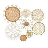 Boho Wall Basket Decor Set of 8 - Flat Woven Basket Wall Hanging Decor,Round Tassels White Macrame Tapestry Wall Decor Art,Handmade Rattan Wicker Seagrass Home Wall Baskets Decor（Boho Classic)