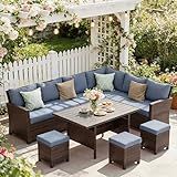 Wisteria Lane 7 Piece Patio Furniture Set, High Curved Back Wicker Patio Sectional, All Weather Outdoor Dining Set, Outdoor Furniture Patio Conversation Set with Ottoman, Blue