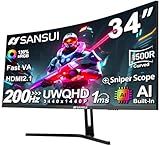 SANSUI 34-Inch Curved Gaming Monitor UWQHD 3440 x 1440P Up to 200Hz 165Hz Curved 1500R - PIP/PBP, OD 1ms, HDR, 300nits, sRGB 130%, DCI-P3 97%,AI Crosshair,HDMI2.1x2,DP1.4(Cable Included)