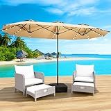 LEVELEVE 14FT Large Patio Patio Umbrella with Base & Solar LED Lights - Double-Sided,Kahaki