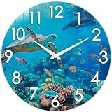 Crosstime 12 Inch Outdoor Clock – Waterproof Tempered Glass with Sea Turtle & Marine Life Theme, UV Resistant, Silent Nautical Coastal Decor Wall Clock for Patio, Pool, Garden, Backyard, Bathroom