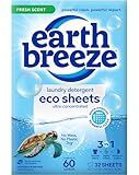 Earth Breeze Laundry Detergent Sheets Fresh Scent - 60 Loads Eco Liquidless Soap - Travel-Friendly for Hot & Cold Cycles, Tackles Tough Stains & Odors - Gentle on Skin, 30 Ct
