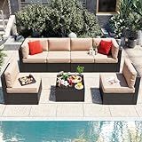 Vongrasig 7 Pieces Patio Furniture Sets, Outdoor All-Weather Wicker Patio Conversation Sets, L-Shaped Rattan Sectional Patio Sofa with Glass Table for Backyard, Beige