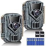 Punvoe Trail Camera 2 Pack 36 MP 2.7K Game Camera 32GB Memory Card 4 Batteries Time 2.0" LCD Screen, Trail Cameras with 120°Wide Night Vision IP66 Waterproof for Monitoring Wildlife Trail Cam