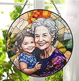 LOVELYPOD Personalized Grandma Stained Glass Sun Catcher, Photo Family Portrait Faux Window Hanging Ornament, Custom Photo Gift, Grandma Gifts, for Mom, Christmas Ornament