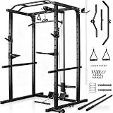 JEEKEE Power Rack with LAT Pulldown, 2000LBS Power Cage with Cable System, Multi-Function Squat Rack with J-Hooks, Safety Bars, Landmine, Pull Up Bar & Attachments for Home Gym Strength Training,Black