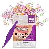 Orthodontic Rubber Bands for Braces - Premium Quality Elastic Teeth Rubber Bands for Braces, Fix Tooth Gaps, Dreadlocks, Includes Free Elastic Placer - Medium Force 3.5 oz, 1/4 Inch, Neon (100 Pack)