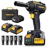 JESIMAIK Cordless Impact Wrench 1200N (900Ft-lbs) 1/2'' High Torque Impact Wrench with 2×4.0Ah Batteries, Impact Gun with 4impact modes & 5 Sockets & Case for Car, Truck, Mower