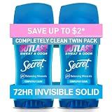 Secret Outlast Antiperspirant Deodorant for Women, 72hr Sweat & Odor Protection, PH Balancing Minerals, Pro-Hyaluronic Acid, Invisible Solid, Completely Clean Scent, 2.6 oz (Pack of 2)