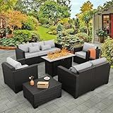 Rattaner 6 Pcs Outdoor Furniture Sets Patio Furniture Set with 45" Fire Pit Patio Couch Outdoor Chairs 60000 BTU Steel Propane Fire Pit Table No-Slip Cushions and Waterproof Covers, Light Grey