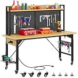 DWVO 60" Adjustable Workbench with Pegboard, Heavy Duty Wood Top Work Bench with Wheels, 1600 LBS Load Capacity, Rolling Work Table with AC/USB Outlet, Hooks, Rack for Garage, Workshop, Office, Home