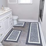 Pauwer Bathroom Rugs 3 Piece Set, Non Slip Washable Bath Mat, Dark Grey
